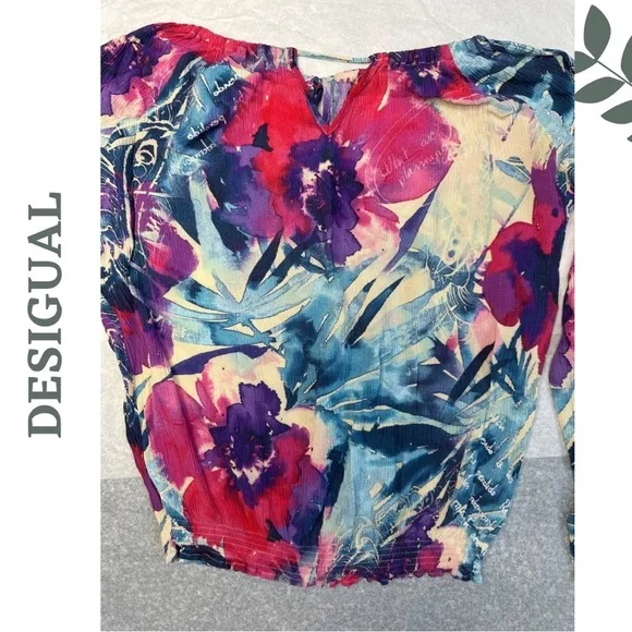 Desigual Zazil Blouse Pink Blue Oversize Floral Top Balloon Sleeve Tassel Medium - Picture 8 of 9